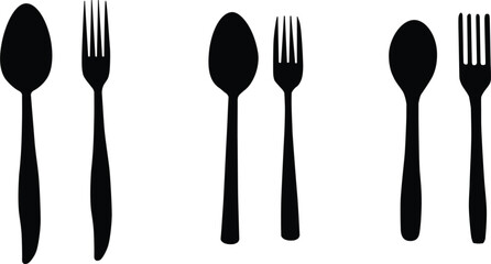 Three type of spoon and fork silhouette vector on white background. Culinary illustration design