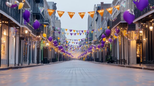 Colorful Festive Street at Night with Rain and Reflections on Wet Pavement