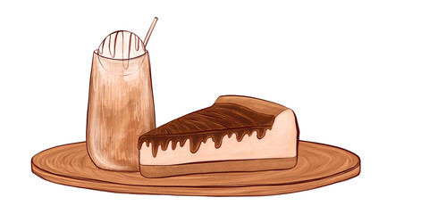 Creamy iced coffee in a glass alongside a rich chocolate cheesecake slice. Illustration highlighting a classic dessert and drink pairing. For food blogs, lifestyle visuals, menu design projects