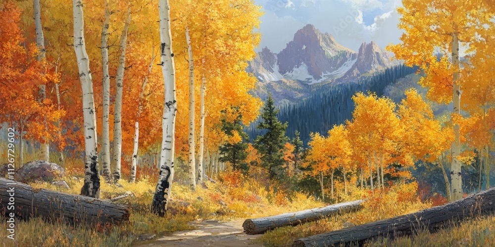 Poster quaking aspen trees populus tremuloides grace a log landing, creating a serene atmosphere with their