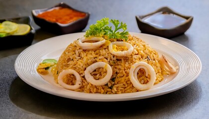 A plate of fried rice garnished with squid rings and parsley, accompanied by lime and chili sauce.