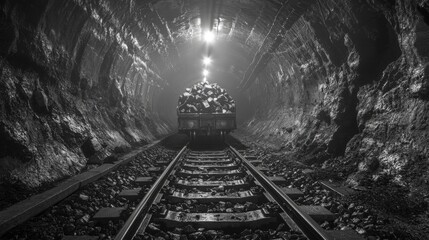 Naklejka premium Underground coal train transporting loads through a dimly lit tunnel