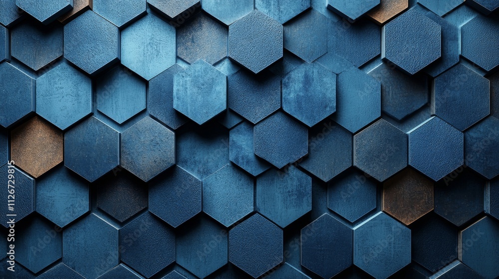 Poster a 3d rendered image featuring a hexagonal dark blue textured background.