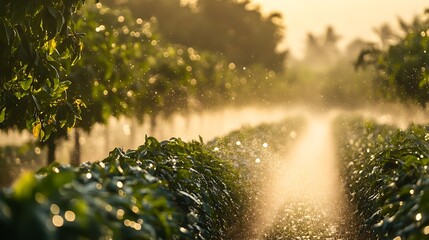 18. A water sprinkler system irrigating rows of longan trees during a warm afternoon