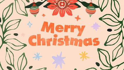 Vintage Merry Christmas, Text with floral pattern, festive bows, red berries, and Decoration with texture in Vibrant color
