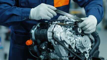 Mechanics repair and engine restoration, A mechanic inspects an engine, carefully handling tools and components, showcasing precision in automotive maintenance.