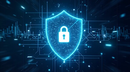 Glowing digital shield symbolizes cybersecurity, illustrating the importance of protection and data privacy in modern technology landscapes. copy space