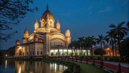 Dakshineswar Kali Temple Illuminated at Night Showcasing Intricate Architecture and Serene Surroundings. Generative AI