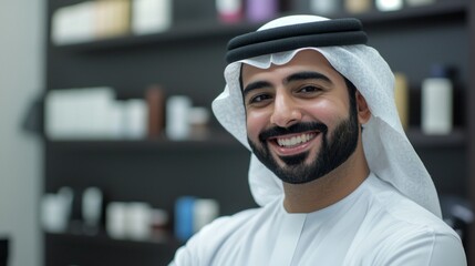 In a modern office setting, a cheerful Emirati Arab man in traditional attire radiates positivity. Engaged in his work, he embodies professionalism and cultural pride