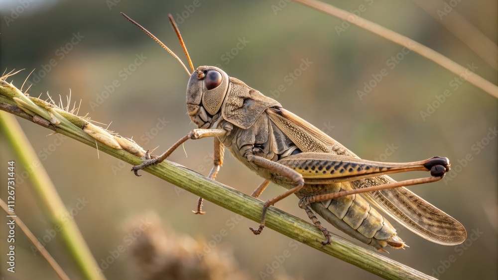 Poster macro view reveals intricate details of grasshopper perched on grass stem in natural habitat. genera