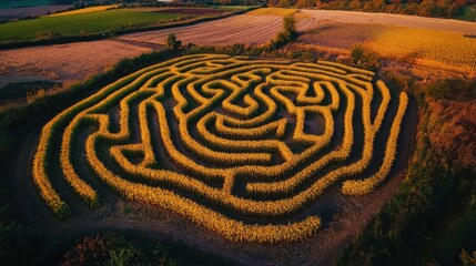 A bird's eye view of a sprawling corn maze in the heart of an autumn landscape, with vibrant yellow stalks contrasting against the earthy tones of the surrounding fields, clear skies casting soft shad