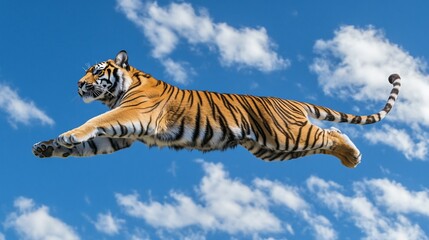 Fototapeta premium Majestic tiger leaping through a vibrant blue sky.