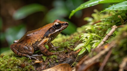 Obraz premium Endemic Brown Mantella Frog Perched on Mossy Log in Lush Forest Habitat. Generative AI