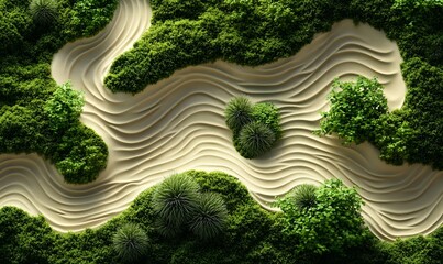 Abstract zen garden design with flowing sand paths and lush greenery.