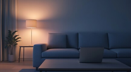 Cosy Living Room at Night with Warm Light and a Laptop