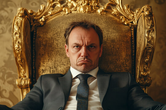 angry wealthy CEO business man sitting slouched on golden throne chair with expression of contempt
