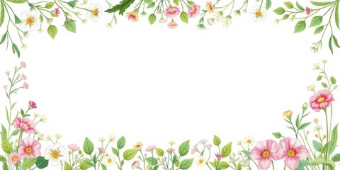 Botanical frame background featuring various green leaves and flowers, with a white frame in the center, frame, floral, white