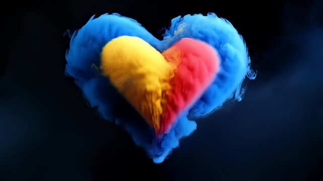 Abstract heart formed by smoke in yellow, blue and reden colors, dark background to symbolize love and passion. Animation for valentine's day.