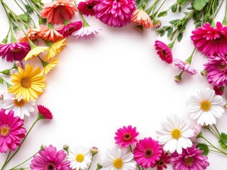 Botanical floral border with bright vivid flowers forming a frame, white copy space, top view flat lay composition, top view, flat lay composition, white