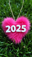 Furry Heart-Shaped Decoration With White Digits on Lush Green Grass in a Vibrant Outdoor Setting. Generative AI