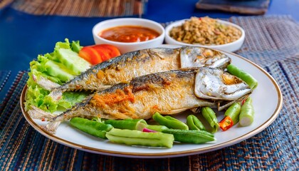 Fried mackerel with vegetables and chili paste on a white plate, with a side dish in the background.