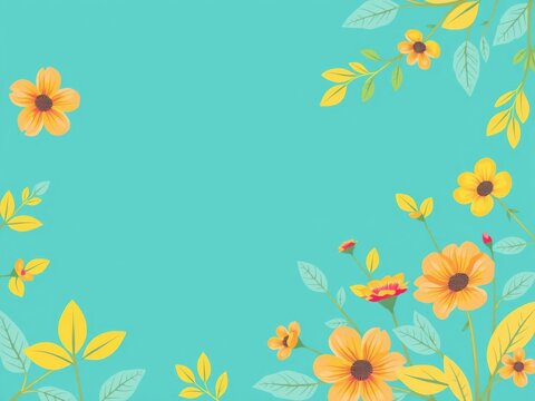 Bright yellow and turquoise spring wallpaper adorned with vibrant leaves and flower motifs, featuring a large blank space in the center for customization or text overlay, turquoise, leaves, wallpaper