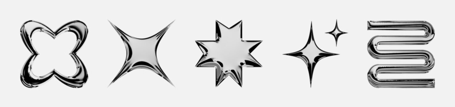 set, collection of metal chrome Y2k elements. pack of retro futuristic, geometric and brutalism forms, stars, sticker. Set of 3d geometric shapes, black and white elements for logo, card, poster	
