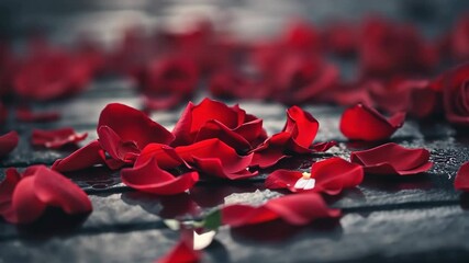 Red rose delicate petals background. Love passed, separation, parting concept. Flowers on wet asphalt road on city street. Broken heart, couple breakup. Conceptual scene.