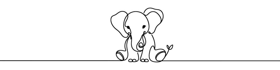 One continuous line illustration of an elephant, isolated on white background. Line art of elephant.