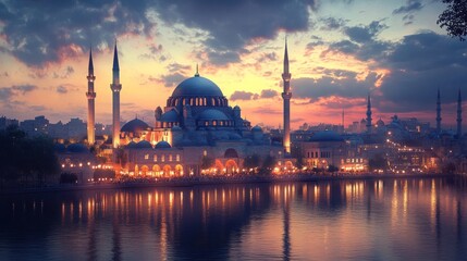 Fototapeta premium A bustling city mosque at twilight, lights from surrounding buildings reflecting in nearby water