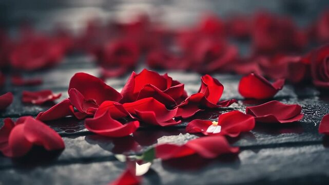 Red rose delicate petals background. Love passed, separation, parting concept. Flowers on wet asphalt road on city street. Broken heart, couple breakup. Conceptual scene.