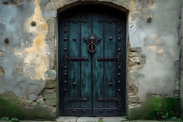 An old, weathered blue door set into a crumbling stone wall.