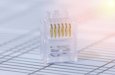 Rj45 connector for connecting a twisted pair cable. Data transmission over Ethernet.