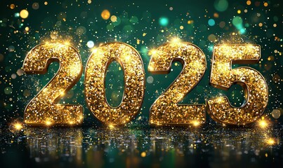 Happy New Year with golden numbers in a green background, featuring a glittering and glowing effect. The text is written on the number "2025" 