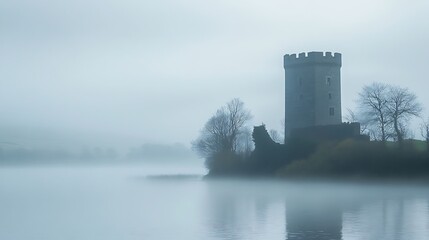 Obraz premium Misty Morning: Ancient Tower on a Still Lake. AI Generated