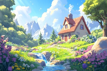 illustration of beautiful landscapes with mountains and lakes in watercolor, aquarelle look pencil art Countryside village landscape with church and houses illustration, design, vector, nature, travel