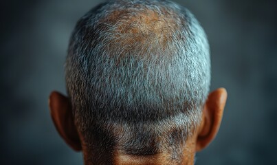 Obraz premium Man with gray hair, hands on head in front of a gray background. The man shows his baldness from many years