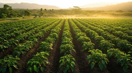 A birdâ€™s eye view of a thriving chili plantation, rows of red and green chili plants stretching into the horizon, with a soft mist and warm morning light casting long shadows