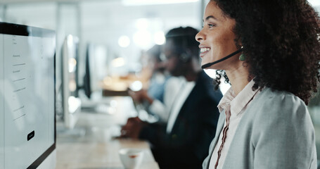Call center, computer and consulting with woman in support office for customer service. Contact us,...