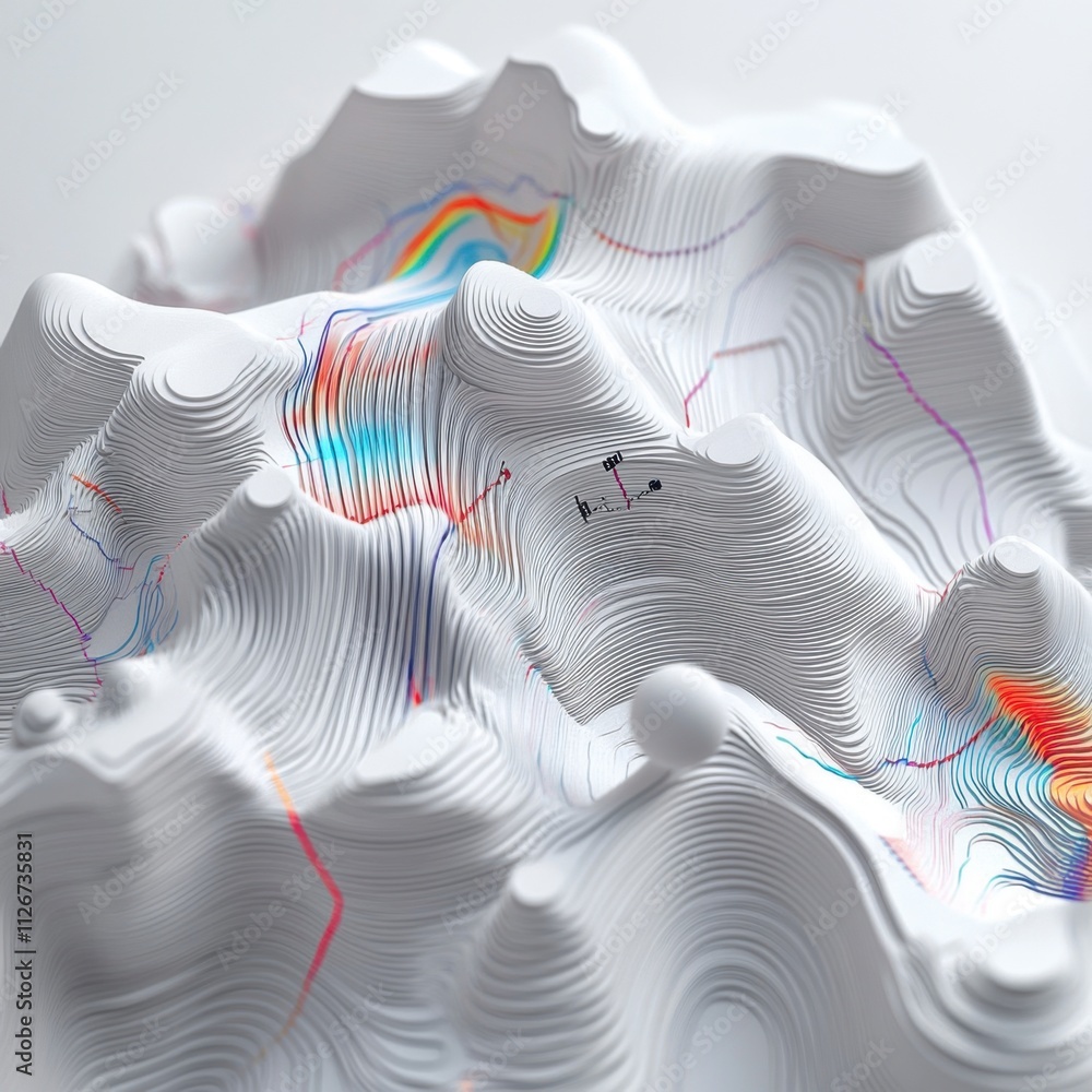 Poster abstract 3d topographic map art: white layered mountain range with colorful trails