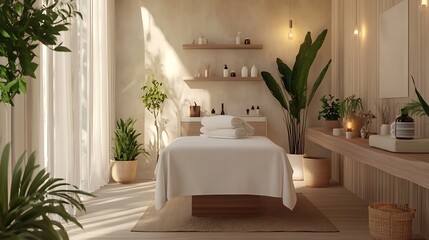 Serene Spa Room Interior: 3D Render of a Tranquil Treatment Space. AI Generated
