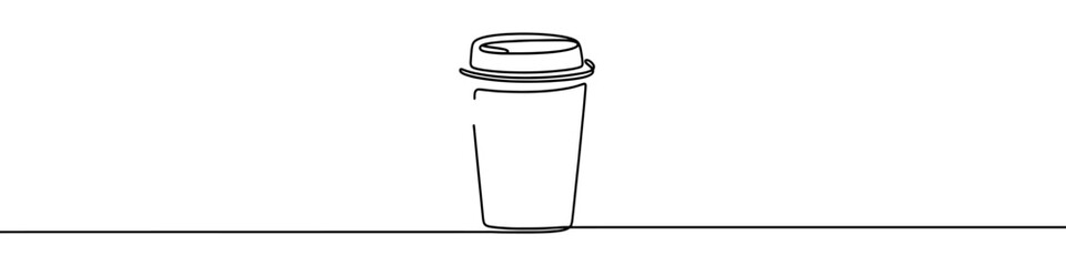 Continuous line drawing representing a coffee cup. Line art of paper coffee cup