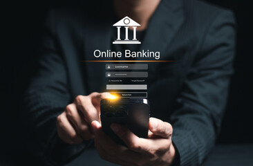 Businessman doing online finance business on mobile with cyber security. Password encryption for authentication.