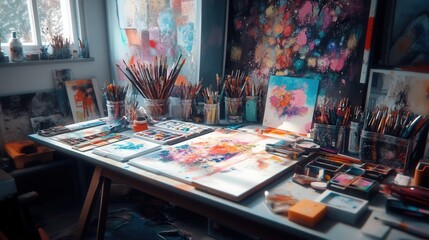 a workspace filled with scattered art supplies, sketches, and glowing colors, representing the beauty of creative chaos. 
