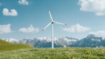 Fototapeta premium A modern wind turbine stands on a lush green field, surrounded by mountains and a clear blue sky, symbolizing renewable energy and sustainability.
