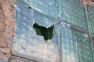 close-up of broken Glass brick