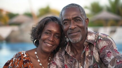 A portrait Of an older black couple embracing in front Of a pool showcasing their love and affection for each Other.
