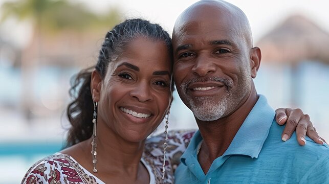 Portrait of an african american middle-aged couple stands together smiling at the camera with a serene background. - Powered by Adobe