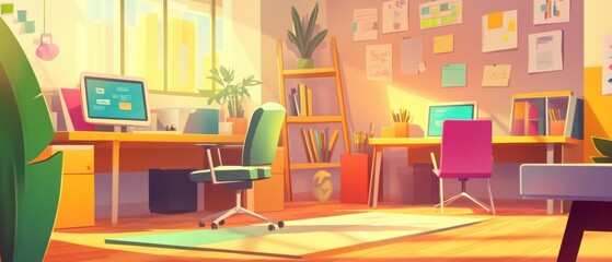 Sunlit Modern Office Workspace with Two Desks and Comfortable Chairs