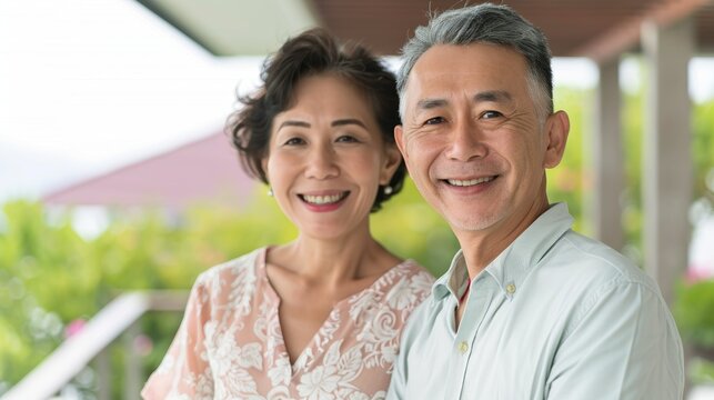 A middle-aged Asian couple stands together smiling at the camera on vacation. - Powered by Adobe